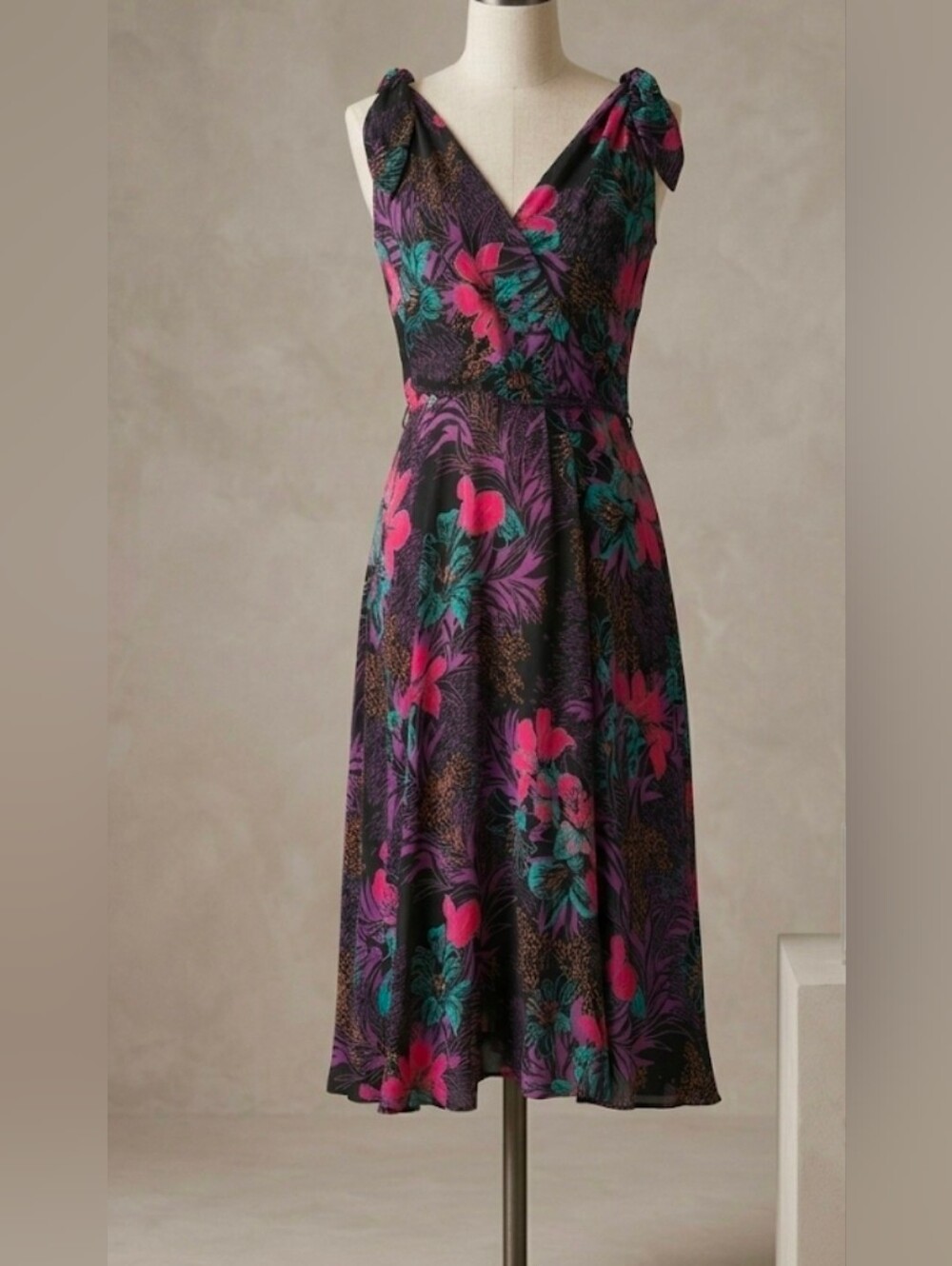 Vintage Mindy Malone 80s Floral Faux Wrap Midi Dress Tie Shoulder Boho Size 9 4